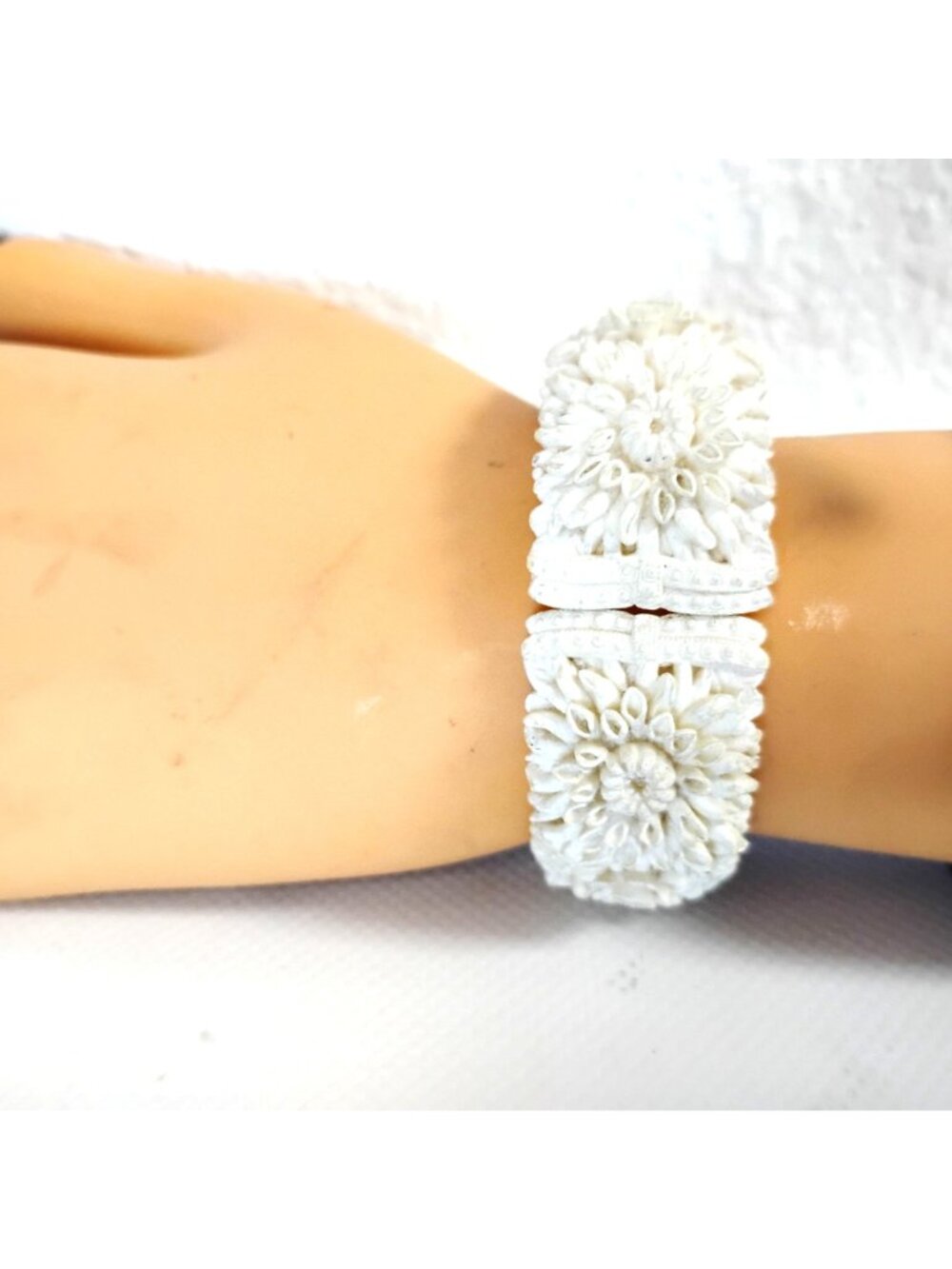 Vintage Carved White Floral Clamper Bangle Bracelet Molded Plastic